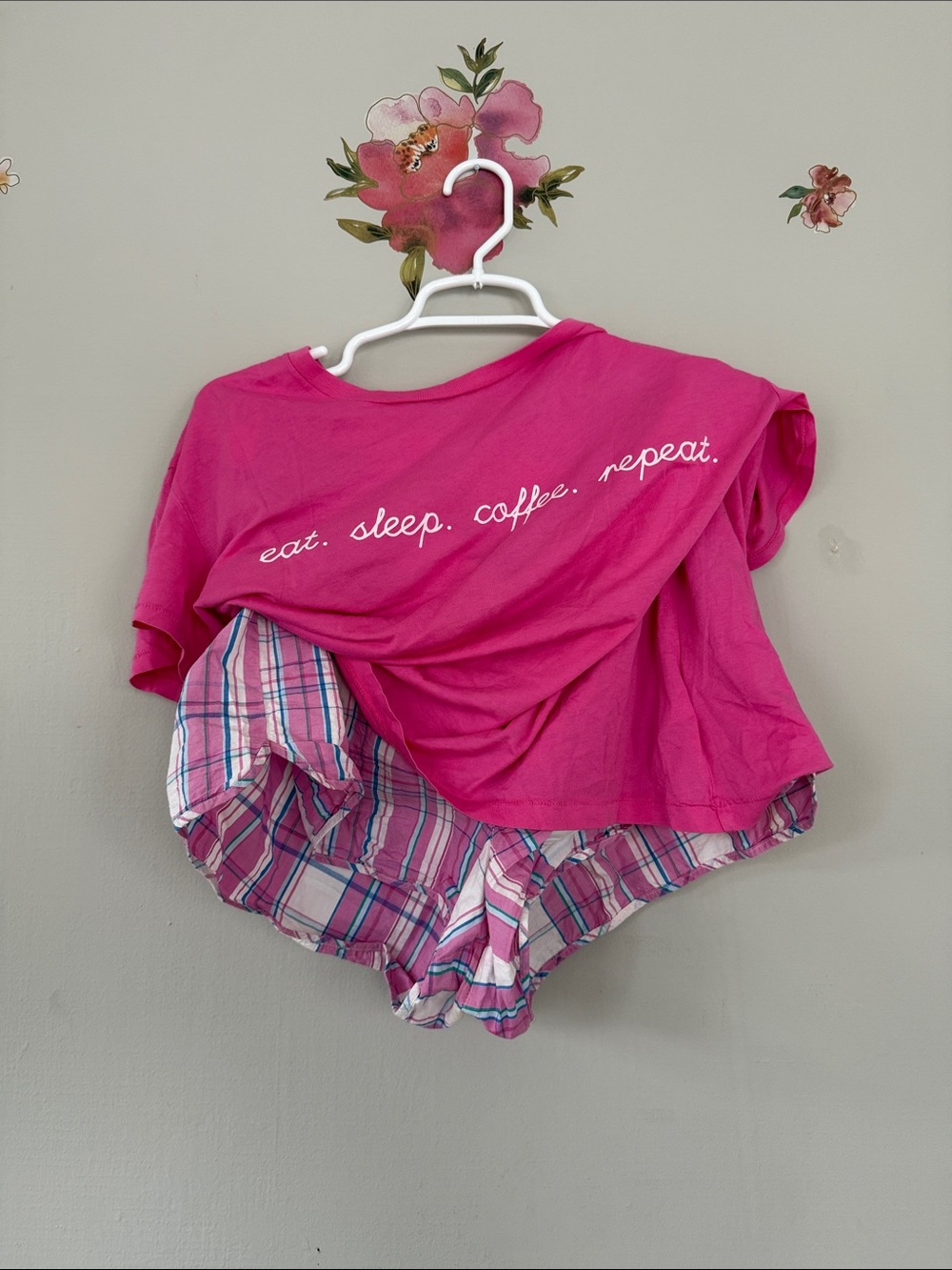 Hot Pink Graphic Short Pajama Set with Plaid Shorts